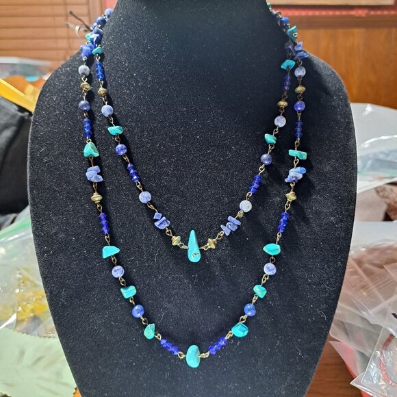 Artisan Jewelry - Handmade turquoise sodalite and glass tiered necklace 19"